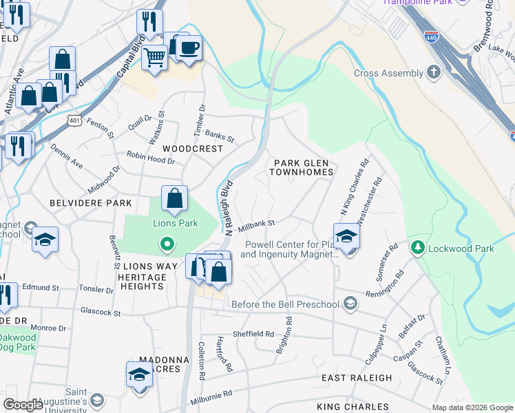 map of restaurants, bars, coffee shops, grocery stores, and more near 1206 Downing Road in Raleigh