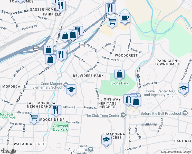 map of restaurants, bars, coffee shops, grocery stores, and more near 1801 Bennett Street in Raleigh