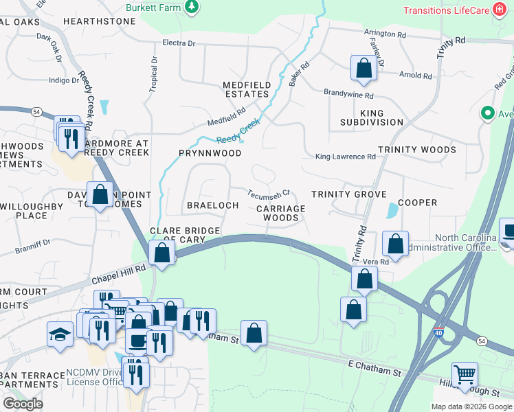 map of restaurants, bars, coffee shops, grocery stores, and more near 210 Minden Lane in Raleigh