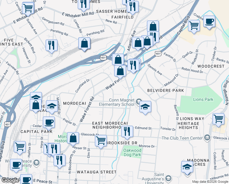 map of restaurants, bars, coffee shops, grocery stores, and more near 1417 Clifton Street in Raleigh