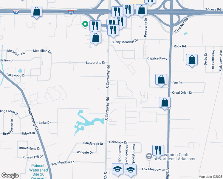 map of restaurants, bars, coffee shops, grocery stores, and more near 3800 South Caraway Road in Jonesboro