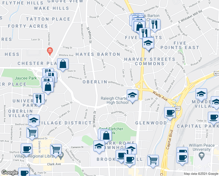 map of restaurants, bars, coffee shops, grocery stores, and more near 913 Williamson Drive in Raleigh
