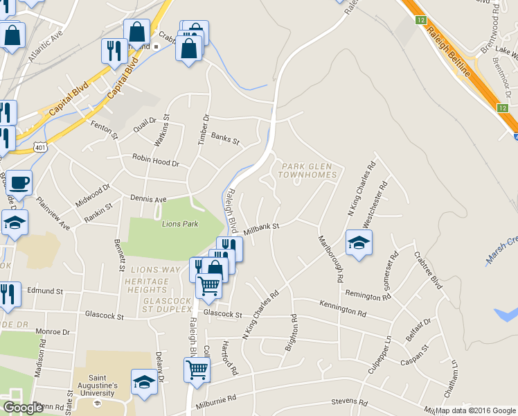 map of restaurants, bars, coffee shops, grocery stores, and more near 1218 Downing Road in Raleigh