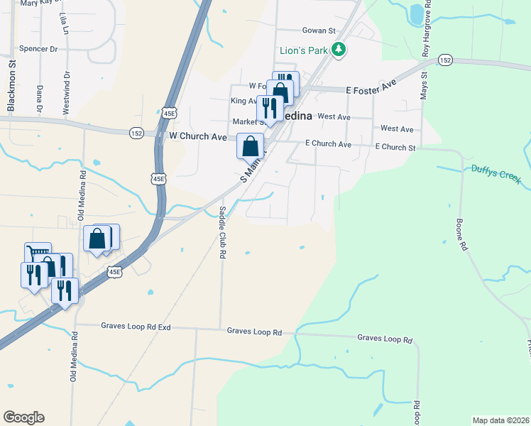 map of restaurants, bars, coffee shops, grocery stores, and more near 276 Chronicles Drive in Medina