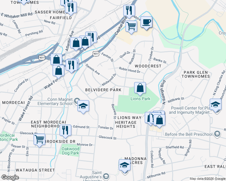 map of restaurants, bars, coffee shops, grocery stores, and more near 1801 Bennett Street in Raleigh