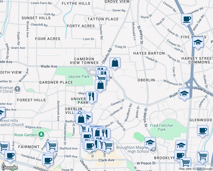 map of restaurants, bars, coffee shops, grocery stores, and more near 1014 Oberlin Road in Raleigh