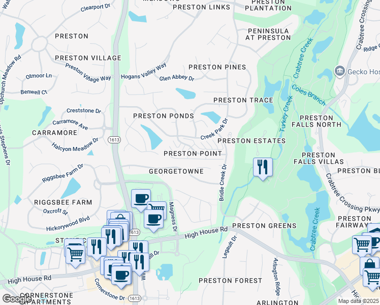 map of restaurants, bars, coffee shops, grocery stores, and more near 209 Council Gap Court in Cary