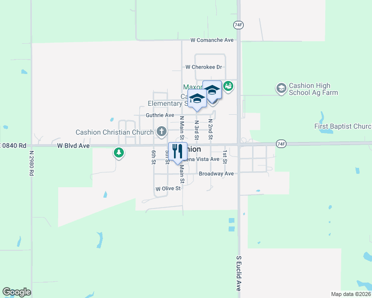 map of restaurants, bars, coffee shops, grocery stores, and more near in Cashion