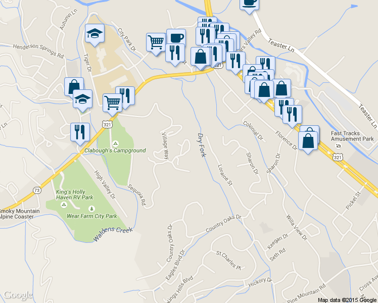 map of restaurants, bars, coffee shops, grocery stores, and more near 329 Woodridge Way in Pigeon Forge