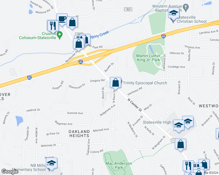map of restaurants, bars, coffee shops, grocery stores, and more near 1021 The Glen Street in Statesville