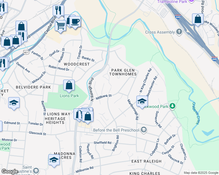 map of restaurants, bars, coffee shops, grocery stores, and more near 1217 Brighton Road in Raleigh