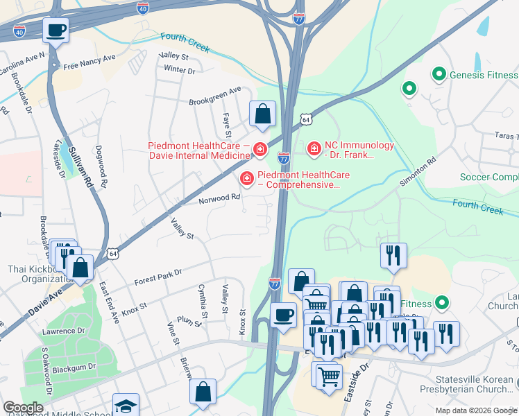 map of restaurants, bars, coffee shops, grocery stores, and more near 864 Impala Drive in Statesville
