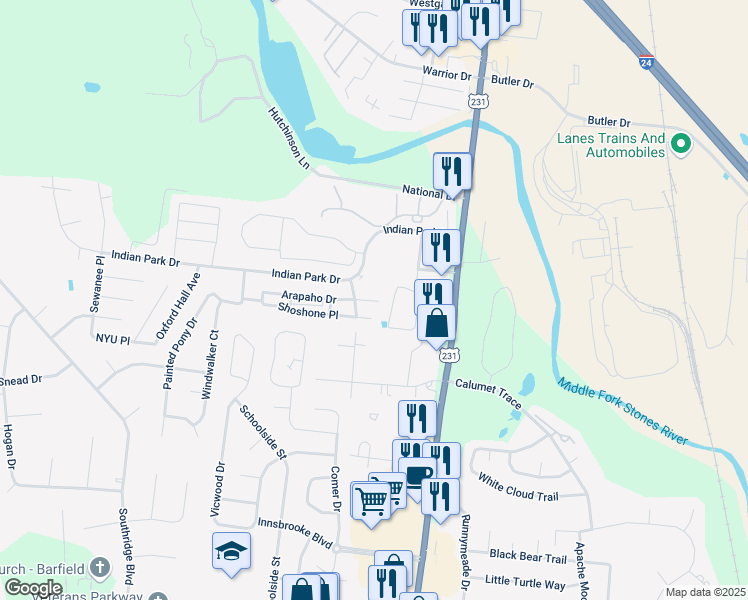 map of restaurants, bars, coffee shops, grocery stores, and more near 238 Shoshone Place in Murfreesboro