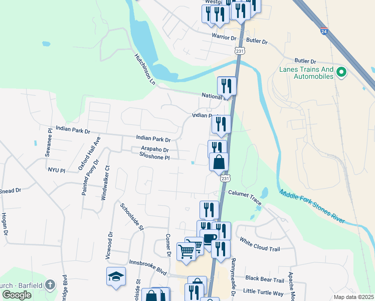 map of restaurants, bars, coffee shops, grocery stores, and more near 238 Shoshone Place in Murfreesboro