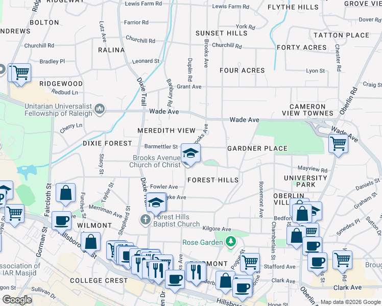 map of restaurants, bars, coffee shops, grocery stores, and more near 718 Brooks Avenue in Raleigh