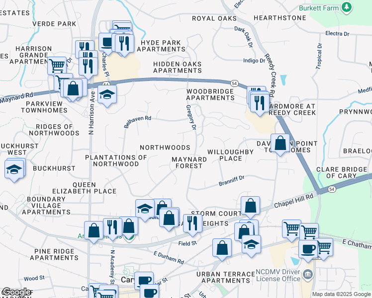 map of restaurants, bars, coffee shops, grocery stores, and more near 109 Bradshire Court in Cary