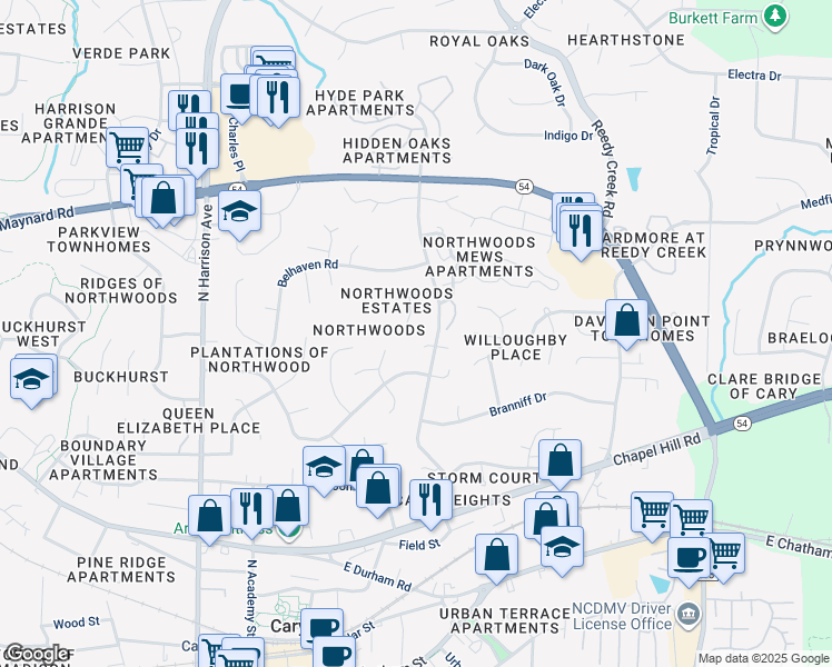 map of restaurants, bars, coffee shops, grocery stores, and more near 109 Bradshire Court in Cary