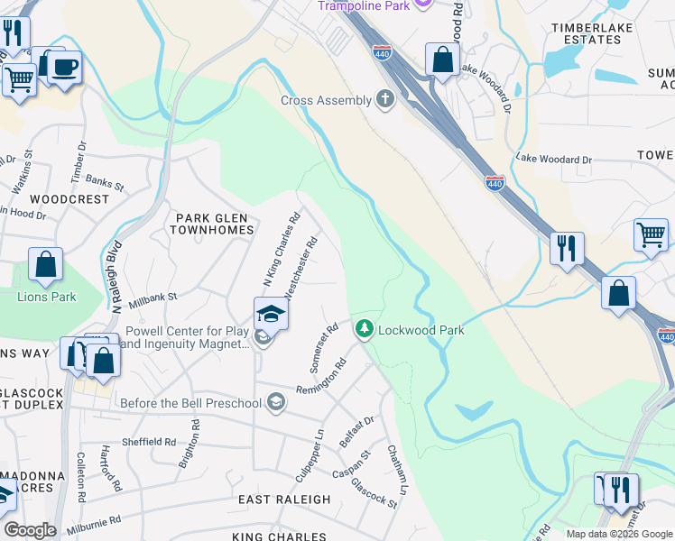 map of restaurants, bars, coffee shops, grocery stores, and more near 2432 Kingsboro Court in Raleigh