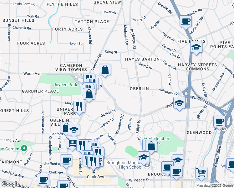 map of restaurants, bars, coffee shops, grocery stores, and more near 900 Wade Avenue in Raleigh