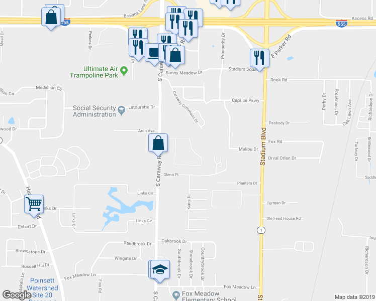 map of restaurants, bars, coffee shops, grocery stores, and more near 3800 South Caraway Road in Jonesboro