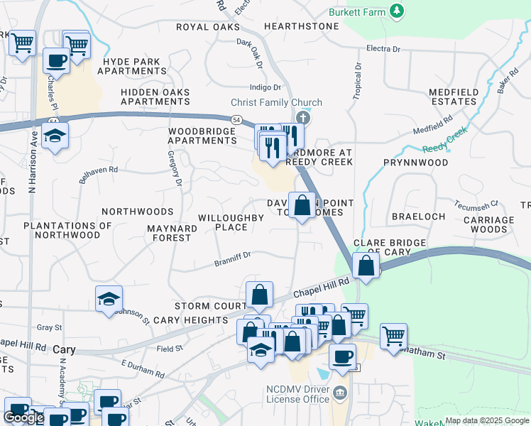 map of restaurants, bars, coffee shops, grocery stores, and more near 104 Cricket Hill Lane in Cary
