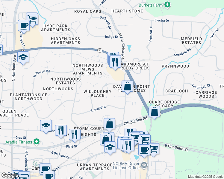 map of restaurants, bars, coffee shops, grocery stores, and more near 104 Cricket Hill Lane in Cary
