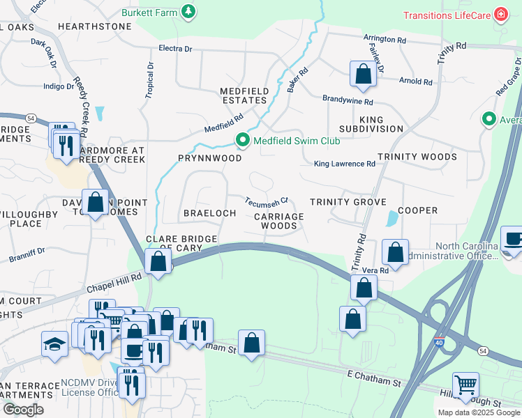 map of restaurants, bars, coffee shops, grocery stores, and more near 114 Tecumseh Court in Cary