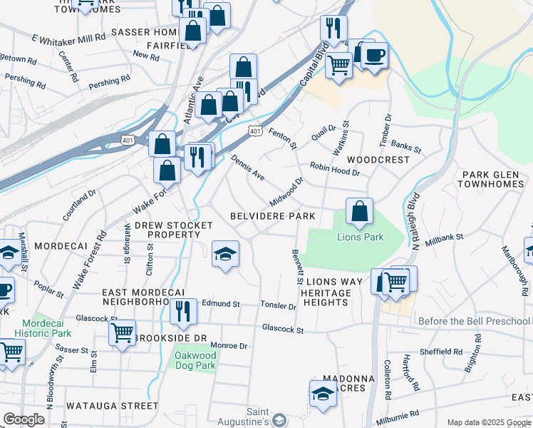 map of restaurants, bars, coffee shops, grocery stores, and more near 1806 Midwood Drive in Raleigh