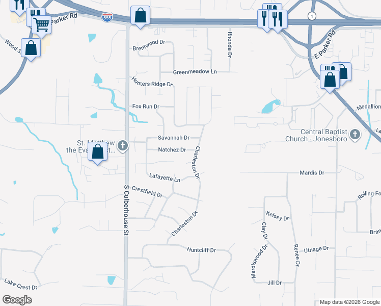 map of restaurants, bars, coffee shops, grocery stores, and more near 335 Natchez Drive in Jonesboro