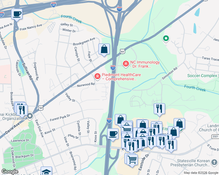map of restaurants, bars, coffee shops, grocery stores, and more near 921 Ranchero Street in Statesville