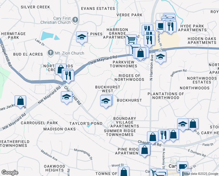 map of restaurants, bars, coffee shops, grocery stores, and more near 124 Buckhurst Drive in Cary