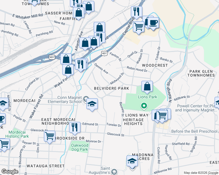 map of restaurants, bars, coffee shops, grocery stores, and more near 1811 Midwood Drive in Raleigh
