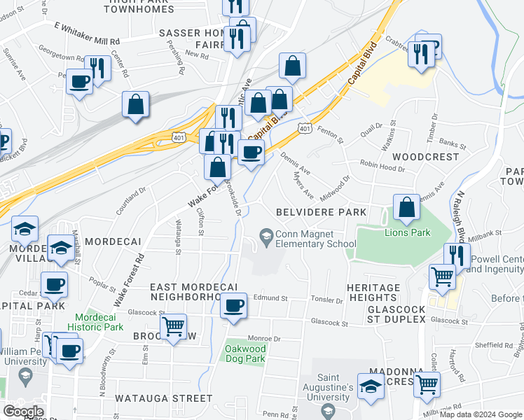map of restaurants, bars, coffee shops, grocery stores, and more near 204 Plainview Avenue in Raleigh