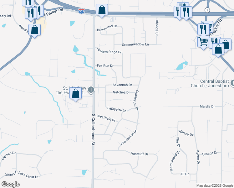 map of restaurants, bars, coffee shops, grocery stores, and more near 301 Natchez Drive in Jonesboro