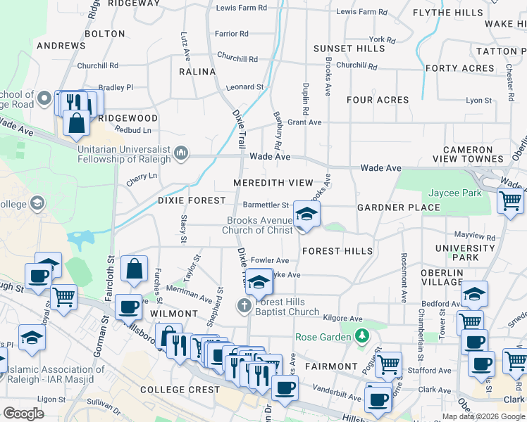 map of restaurants, bars, coffee shops, grocery stores, and more near 2825 Barmettler Street in Raleigh