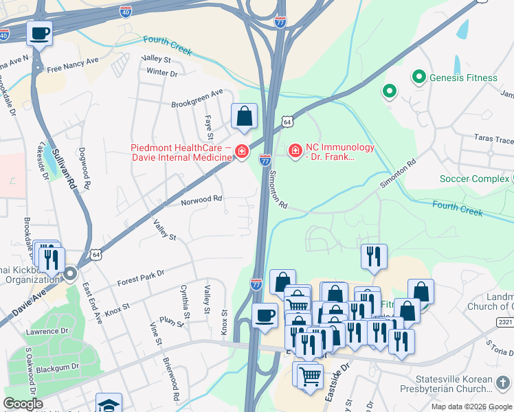 map of restaurants, bars, coffee shops, grocery stores, and more near 921 Ranchero Street in Statesville