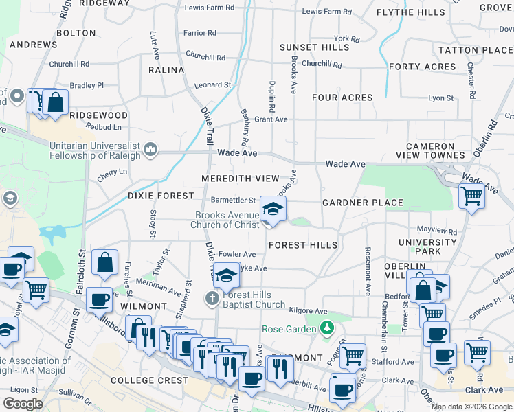 map of restaurants, bars, coffee shops, grocery stores, and more near 2814 Barmettler Street in Raleigh