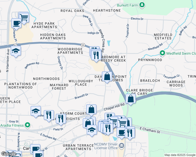 map of restaurants, bars, coffee shops, grocery stores, and more near 105 Cricket Hill Lane in Cary