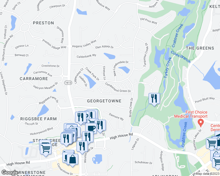 map of restaurants, bars, coffee shops, grocery stores, and more near 103 Ethans Glen Court in Cary