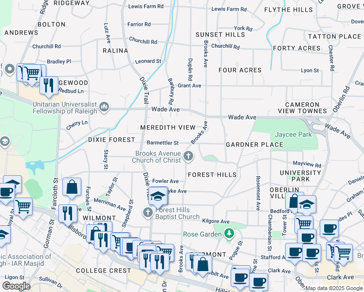 map of restaurants, bars, coffee shops, grocery stores, and more near 2807 Barmettler Street in Raleigh
