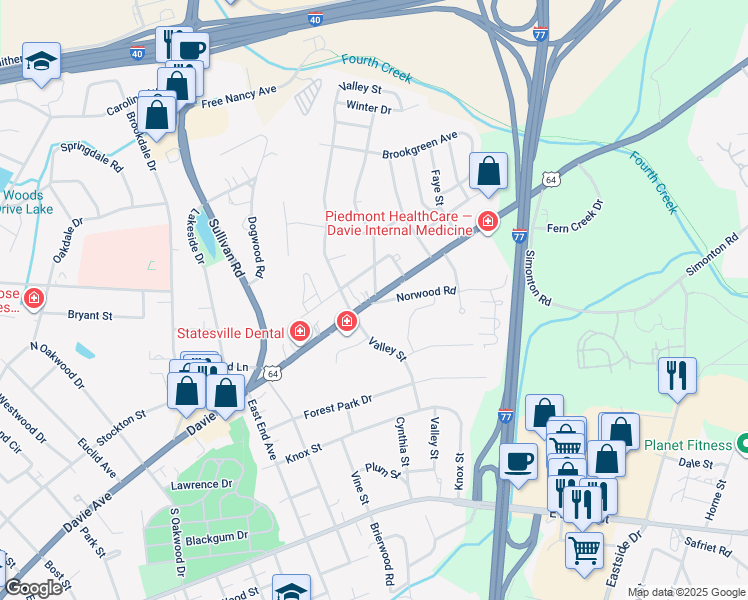 map of restaurants, bars, coffee shops, grocery stores, and more near 1515 Davie Avenue in Statesville