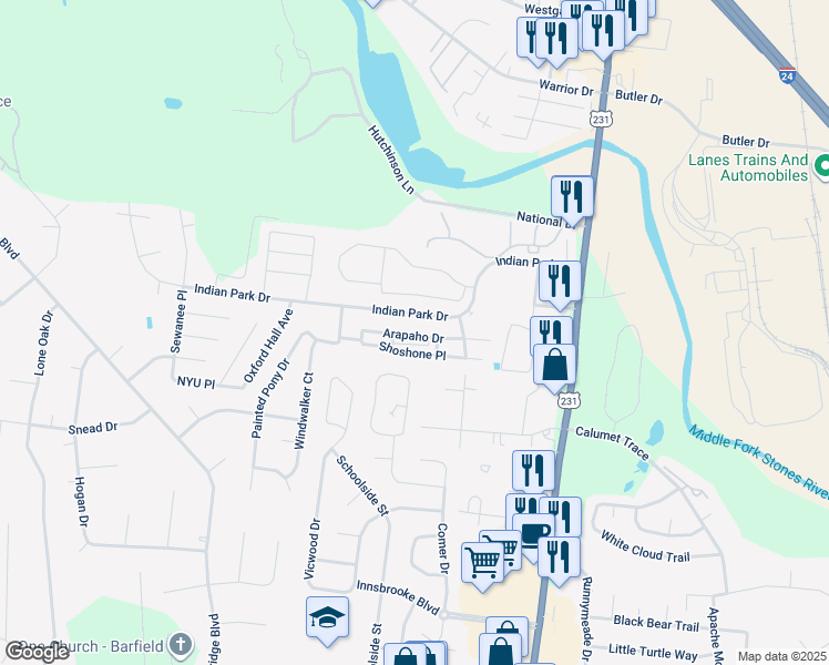 map of restaurants, bars, coffee shops, grocery stores, and more near 256 Indian Park Drive in Murfreesboro