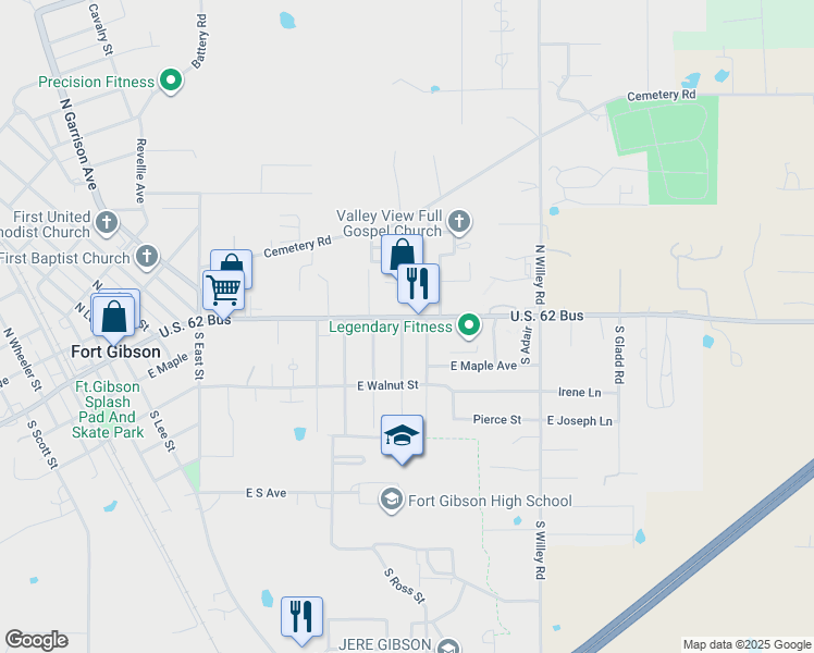 map of restaurants, bars, coffee shops, grocery stores, and more near 1010 U.S. 62 Bus in Fort Gibson
