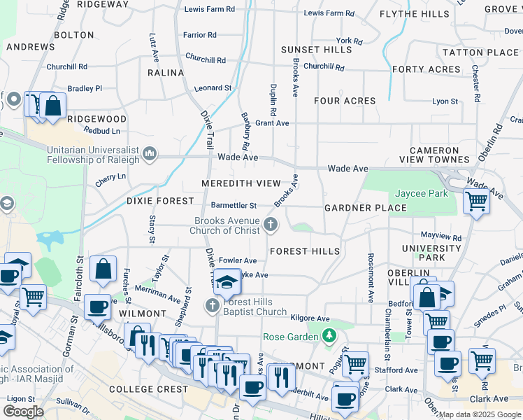 map of restaurants, bars, coffee shops, grocery stores, and more near 2807 Barmettler Street in Raleigh