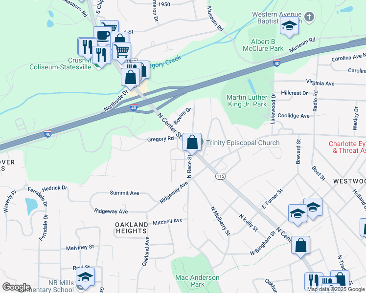 map of restaurants, bars, coffee shops, grocery stores, and more near 1060 The Glen Street in Statesville