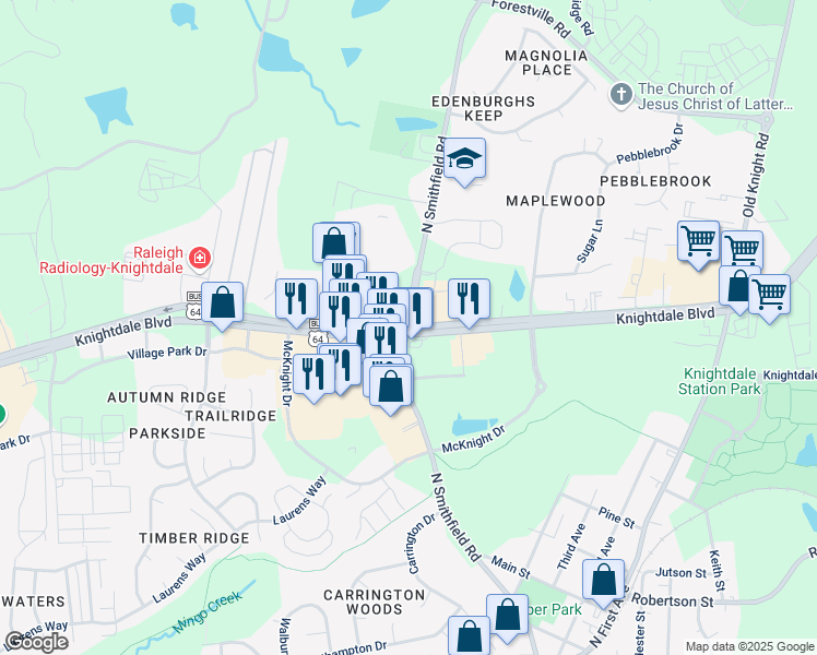 map of restaurants, bars, coffee shops, grocery stores, and more near Knightdale Blvd & N Smithfield Rd in Knightdale