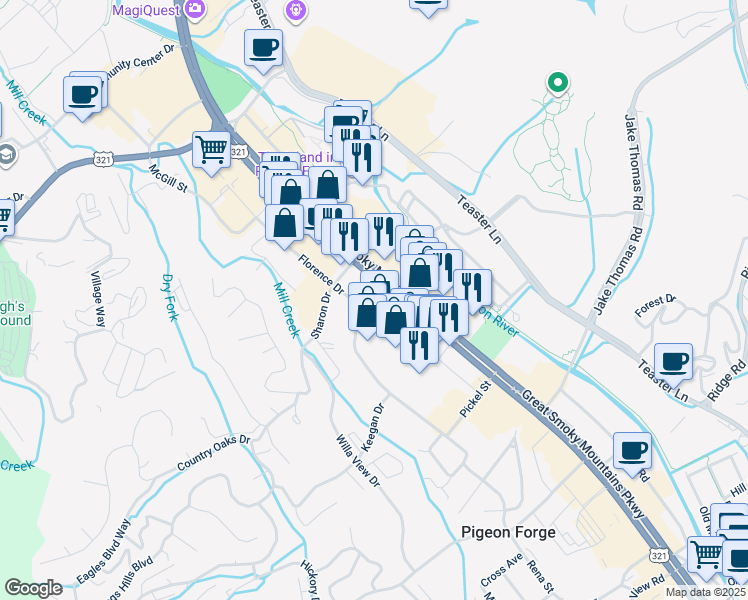map of restaurants, bars, coffee shops, grocery stores, and more near 2850 Parkway in Pigeon Forge