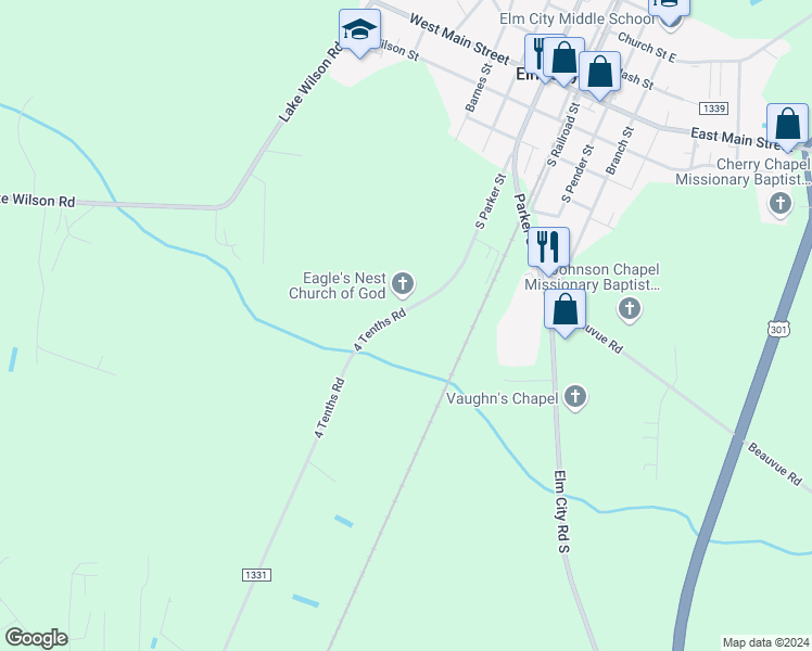 map of restaurants, bars, coffee shops, grocery stores, and more near 5010 4 Tenths Road in Elm City