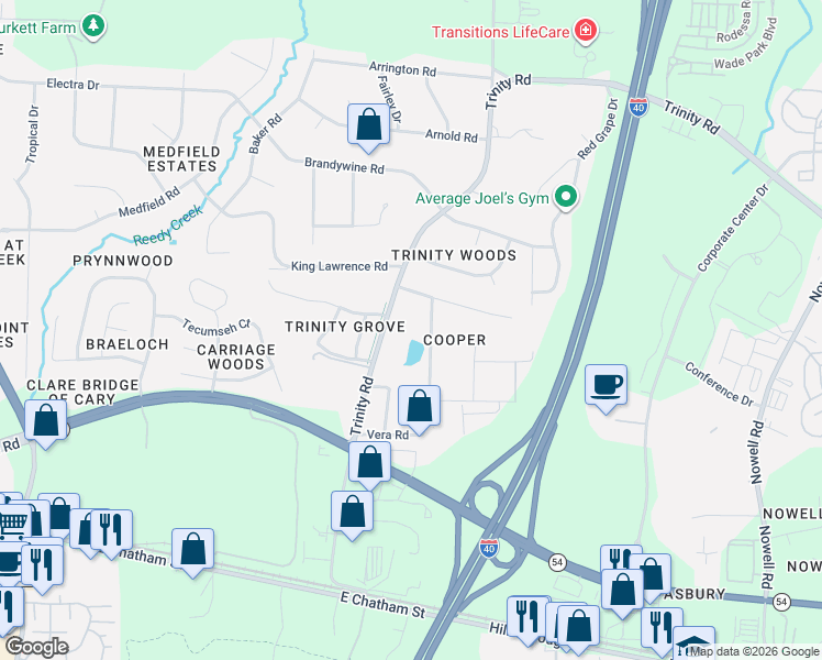 map of restaurants, bars, coffee shops, grocery stores, and more near 1404 Trinity Road in Raleigh