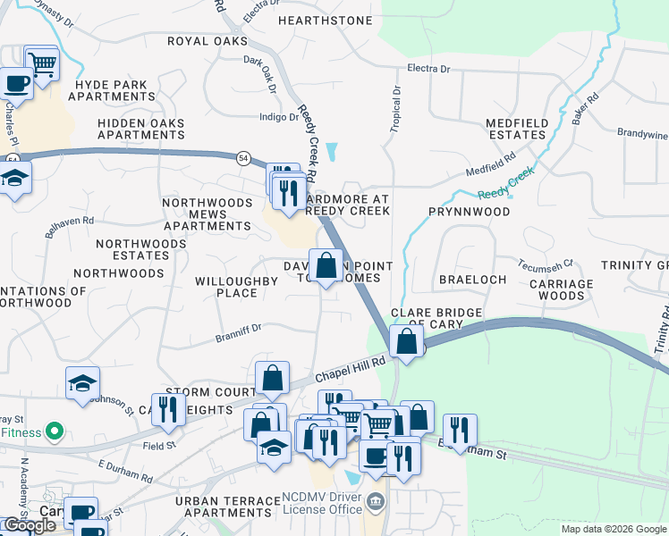 map of restaurants, bars, coffee shops, grocery stores, and more near 811 Davidson Point Road in Cary